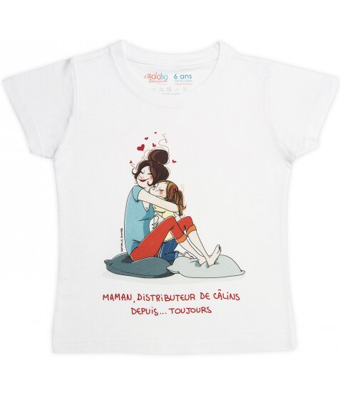 Tee-Shirt fille blanc "Maman, distributeur de câlins depuis…toujours" signé Nathalie Jomard