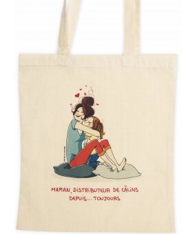 Sac en coton écru "Maman, distributeur de câlins depuis... toujours" signé Nathalie Jomard