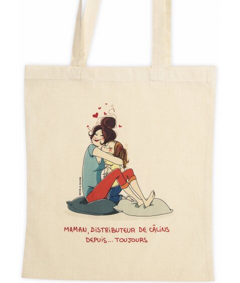 Sac en coton écru "Maman, distributeur de câlins depuis... toujours" signé Nathalie Jomard