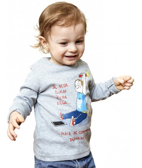 T-Shirt garçon gris chiné "Je veux bien être sage…mais je commence demain" 2-6 ans signé Nathalie Jomard