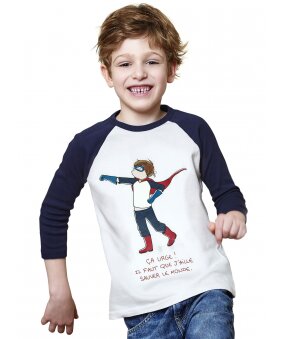 T-Shirt SUPER-HEROS garçon, blanc/bleu marine, manches longues, 8-10 ans, signé Nathalie Jomard