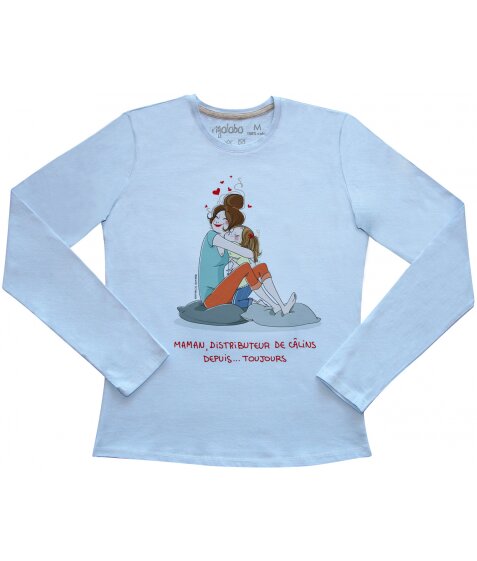 T-shirt "Maman, distributeur de câlins...depuis toujours" signé Nathalie Jomard, bleu clair