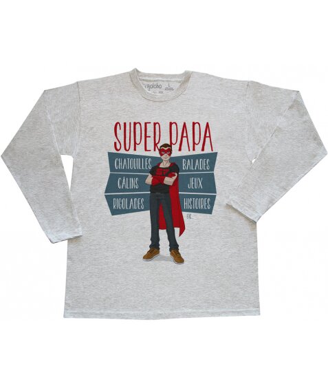 T-shirt SUPER PAPA manches longues gris chiné