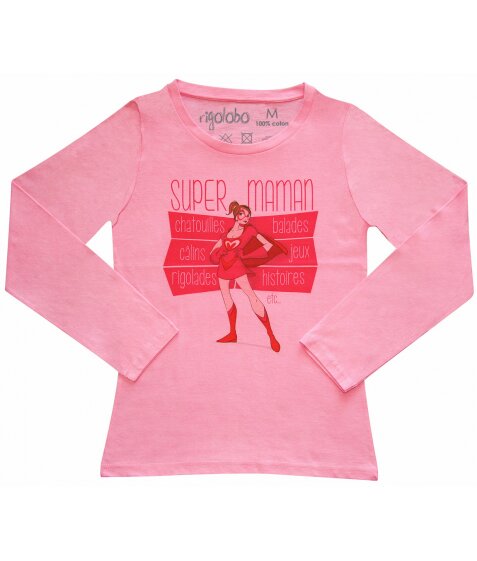 T-shirt SUPER MAMAN, rose, manches longues