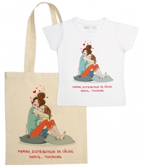 Cadeau mère-fille : Sac et T-shirt "Maman distributeur de câlins depuis toujours" signés Nathalie Jomard