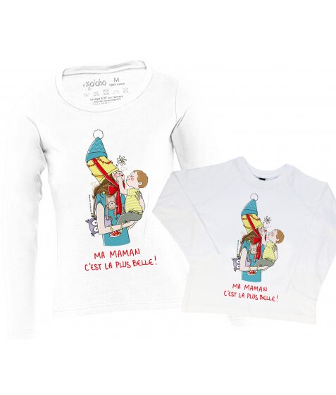 Cadeau mère-fils : T-shirts manches longues Maman c'est la plus belle, signés Nathalie Jomard