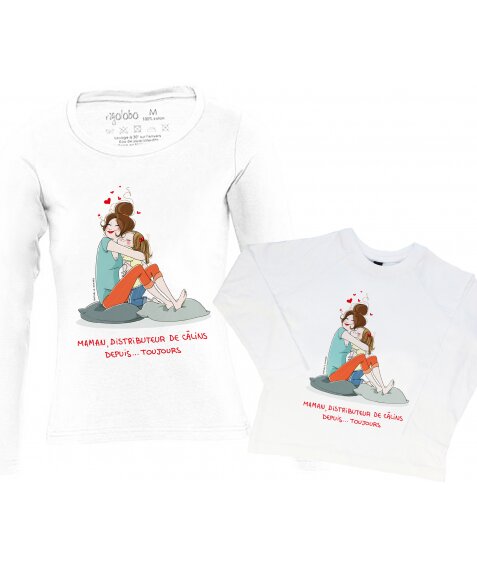 Cadeau mère-fille: T-shirts manches longues Maman distributeur de câlins depuis toujours, signés Nathalie Jomard